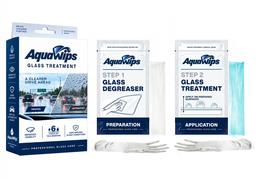 AquaWips® kit contents: the outer box, the Step 1 Glass Degreaser sachet with its wipe and glove, and the Step 2 Glass Treatment sachet with its application wipe and glove